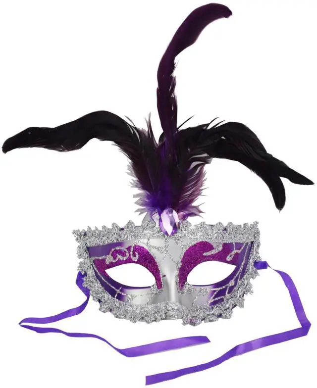 Main image of Carnival Mardis Gras Colorful Costume Mask With Jewel and Colorful Feathers, Purple