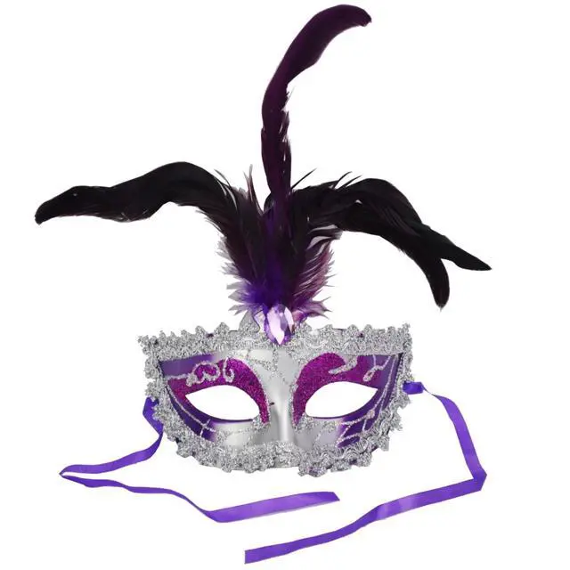 Alt view image 4 of 4 - Carnival Mardis Gras Colorful Costume Mask With Jewel and Colorful Feathers, Purple