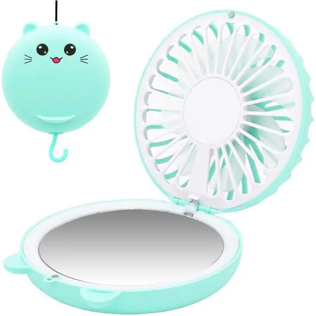 Main image of Lucky Cat Portable Necklace Personal Fan and Handheld Make Up Mirror Green