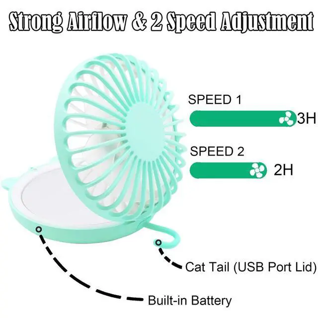 Alt view image 3 of 7 - Lucky Cat Portable Necklace Personal Fan and Handheld Make Up Mirror Green