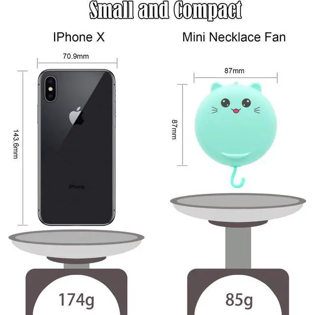 Alt view image 4 of 7 - Lucky Cat Portable Necklace Personal Fan and Handheld Make Up Mirror Green