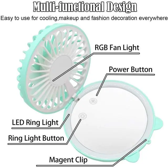 Alt view image 5 of 7 - Lucky Cat Portable Necklace Personal Fan and Handheld Make Up Mirror Green