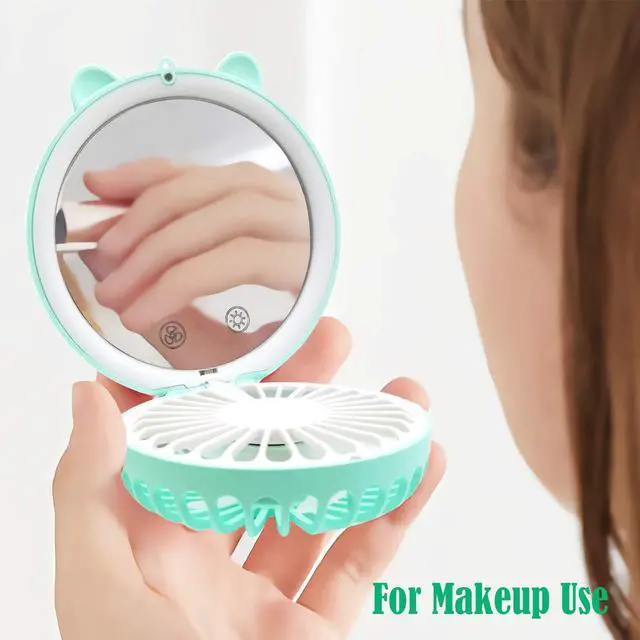 Alt view image 7 of 7 - Lucky Cat Portable Necklace Personal Fan and Handheld Make Up Mirror Green