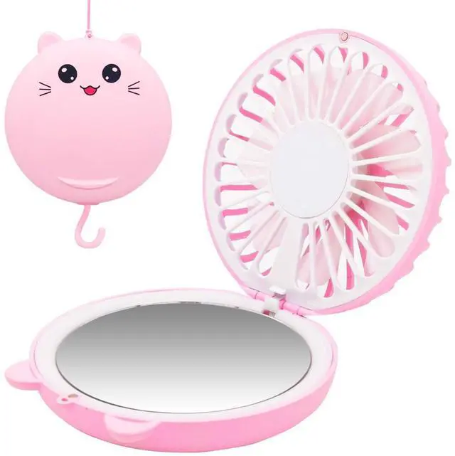 Main image of Lucky Cat Portable Necklace Personal Fan and Handheld Make Up Mirror Pink