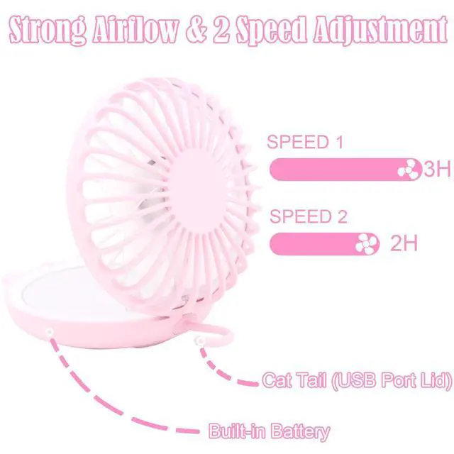 Alt view image 4 of 7 - Lucky Cat Portable Necklace Personal Fan and Handheld Make Up Mirror Pink