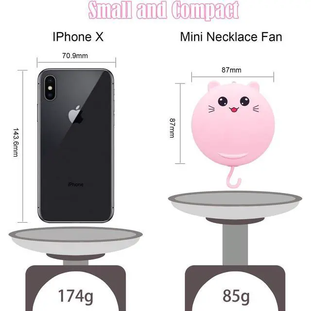 Alt view image 5 of 7 - Lucky Cat Portable Necklace Personal Fan and Handheld Make Up Mirror Pink