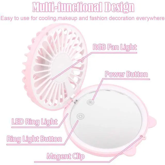 Alt view image 6 of 7 - Lucky Cat Portable Necklace Personal Fan and Handheld Make Up Mirror Pink