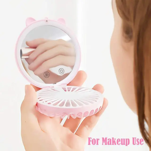 Alt view image 7 of 7 - Lucky Cat Portable Necklace Personal Fan and Handheld Make Up Mirror Pink