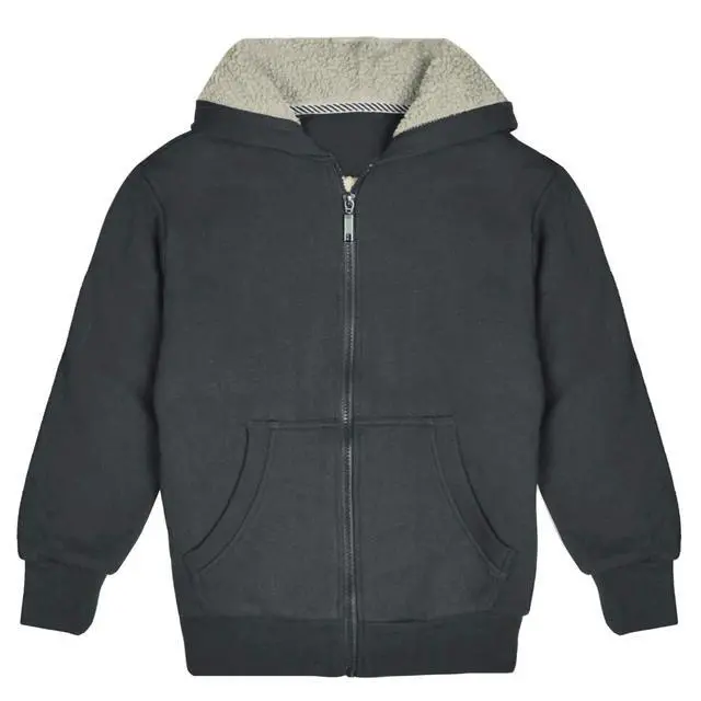 Alt view image 4 of 6 - Kids Sherpa Lined Fleece Full Zip Up Hooded Sweatshirt Jacket, Charcoal, S