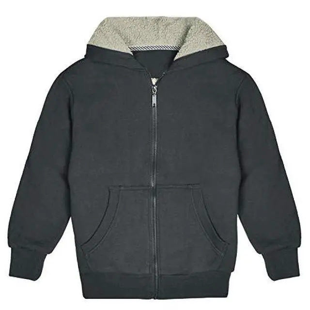 Alt view image 3 of 6 - Kids Sherpa Lined Fleece Full Zip Up Hooded Sweatshirt Jacket, Charcoal, S