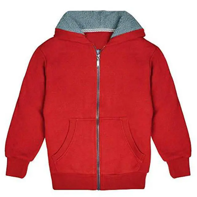Alt view image 3 of 6 - Kids Sherpa Lined Fleece Full Zip Up Hooded Sweatshirt Jacket, Red, M