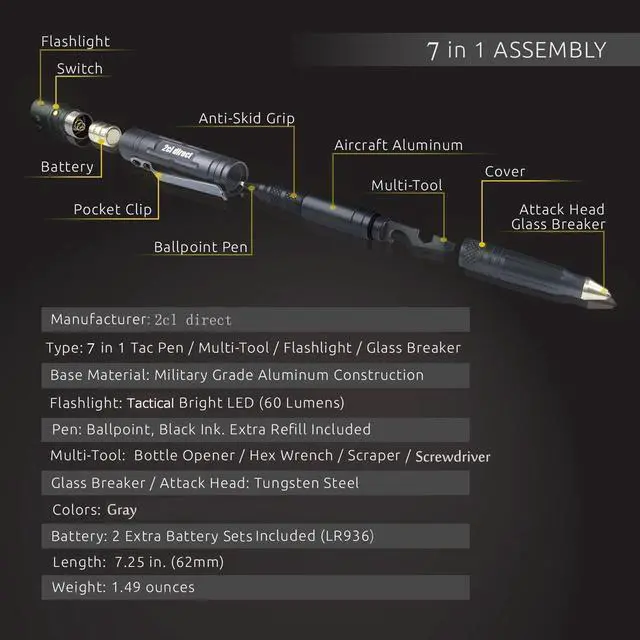 Alt view image 3 of 4 - 7 in 1 Tactical Pen Multi Tool - Flashlight Glass Breaker Screwdriver Steel Gray