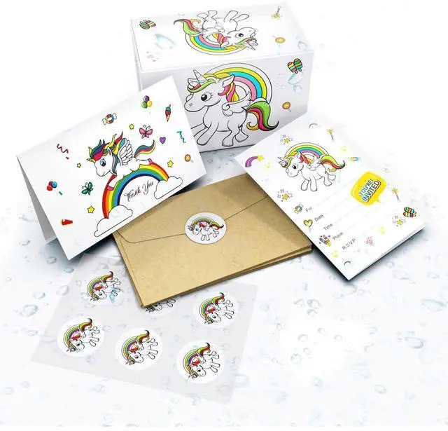 Main image of Unicorns 24 Invite Cards, 24 Thank You Cards, Bonus 24 Tattoos, and 48 Envelopes