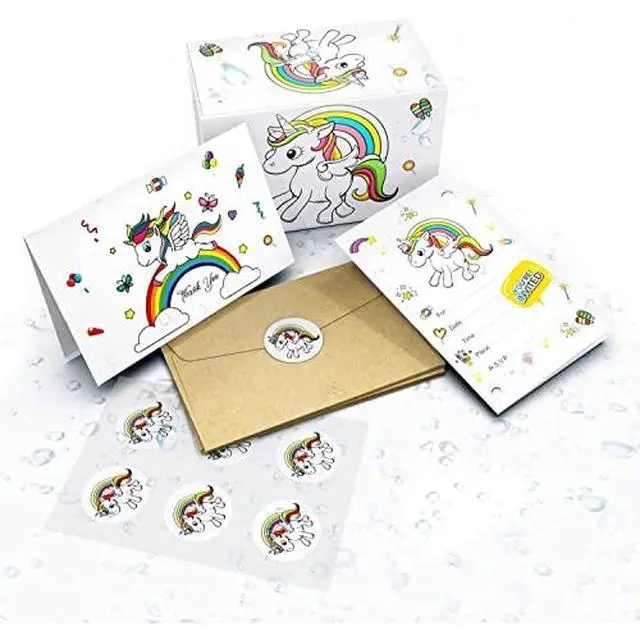 Alt view image 2 of 4 - Unicorns 24 Invite Cards, 24 Thank You Cards, Bonus 24 Tattoos, and 48 Envelopes