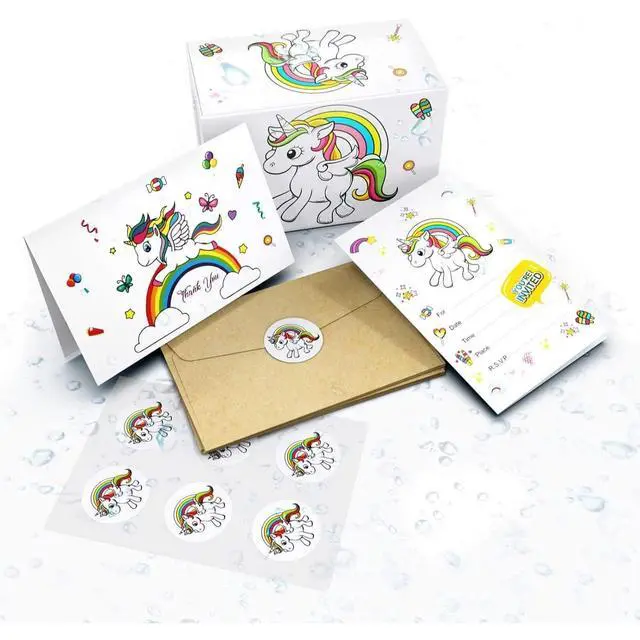 Alt view image 3 of 4 - Unicorns 24 Invite Cards, 24 Thank You Cards, Bonus 24 Tattoos, and 48 Envelopes