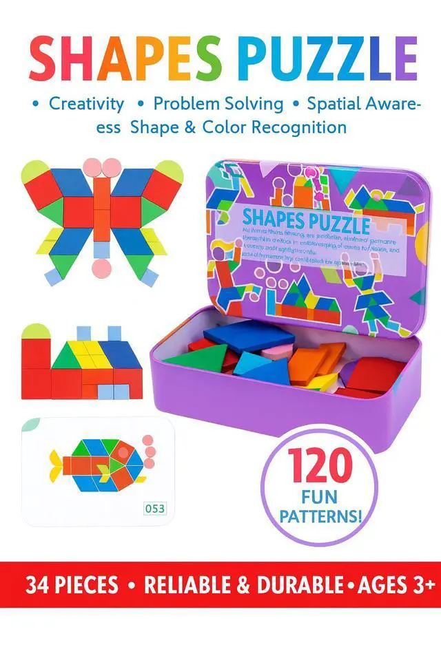 Main image of Kids Wooden Puzzle 34 Pcs + 120 Pattern Cards Educational Toy Ages 2+