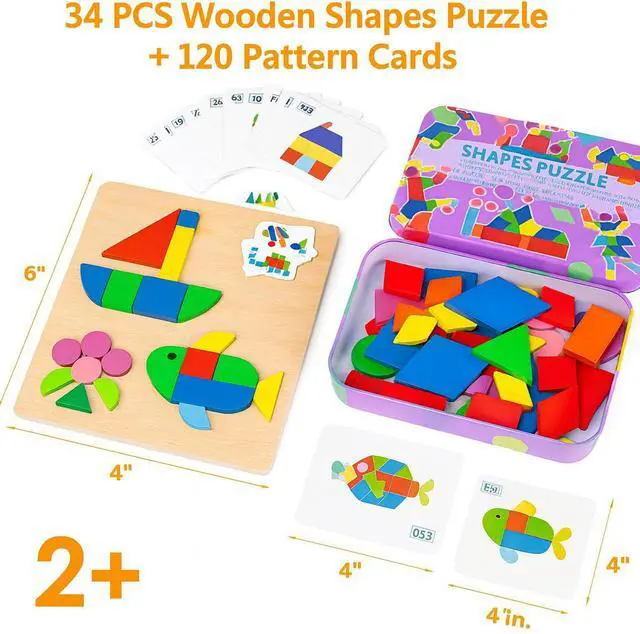 Alt view image 2 of 4 - Kids Wooden Puzzle 34 Pcs + 120 Pattern Cards Educational Toy Ages 2+