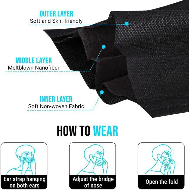 Alt view image 2 of 7 - 1000 Pack Black Disposable Face Mask with Ear Loops 3 Layers Breathable Comfort