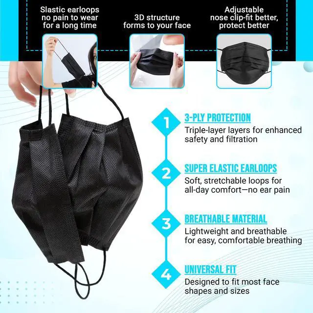 Alt view image 3 of 7 - 1000 Pack Black Disposable Face Mask with Ear Loops 3 Layers Breathable Comfort