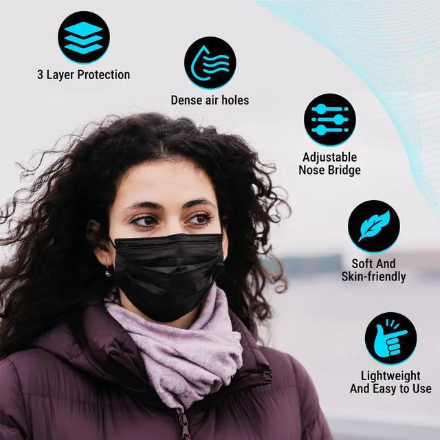 Alt view image 7 of 7 - 1000 Pack Black Disposable Face Mask with Ear Loops 3 Layers Breathable Comfort