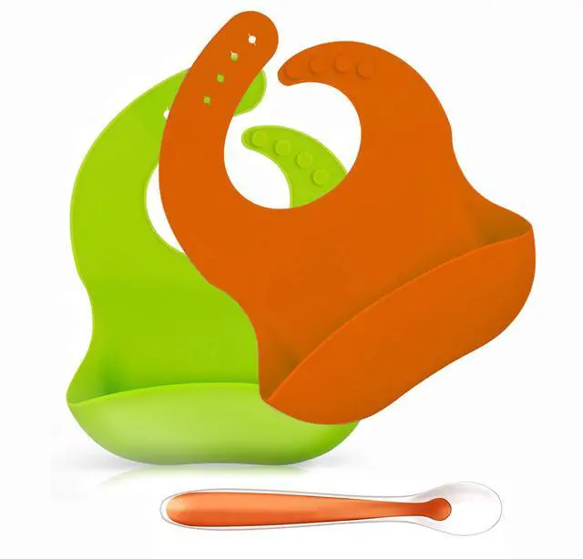 Main image of 2 Pack Silicone Waterproof Adjustable Baby Boy Girl Bibs with Feeding Spoon