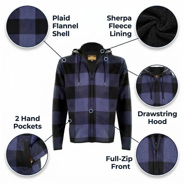 Alt view image 3 of 4 - Men's Sherpa Lined Flannel Hooded Jacket Full Zip Plaid Warm Winter Coat