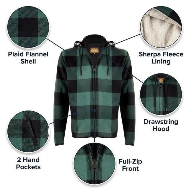 Alt view image 3 of 4 - Men's Sherpa Lined Flannel Hooded Jacket Full Zip Plaid Warm Winter Coat