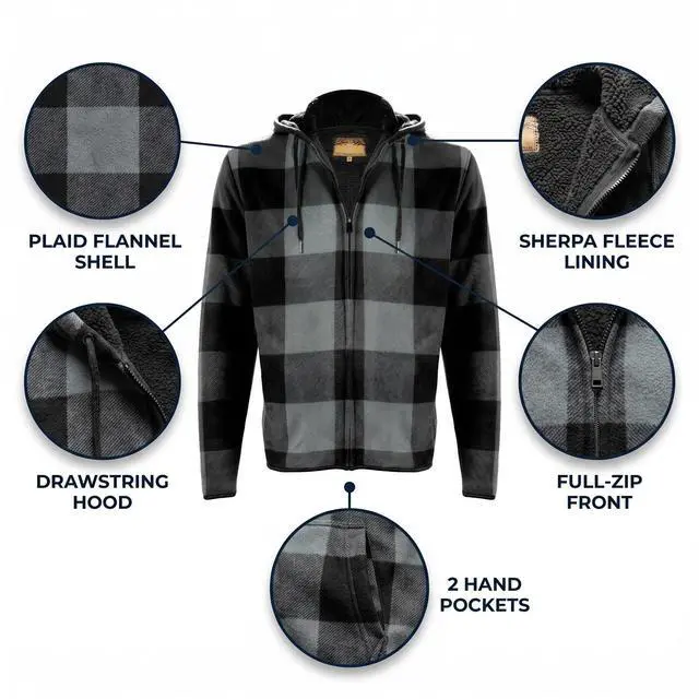 Alt view image 3 of 4 - Men's Sherpa Lined Flannel Hooded Jacket Full Zip Plaid Warm Winter Coat