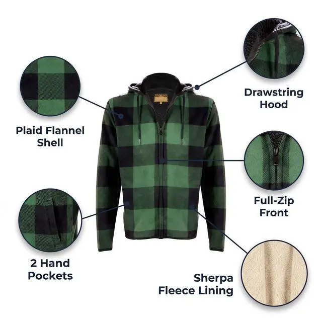 Alt view image 3 of 4 - Men's Sherpa Lined Flannel Hooded Jacket Full Zip Plaid Warm Winter Coat
