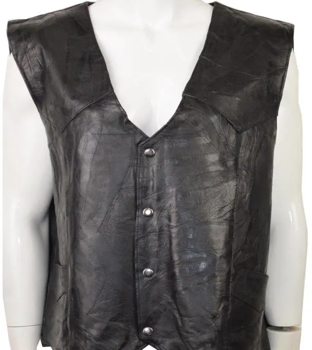 Alt view image 2 of 6 - Men's Leather Vest Button Up Biker Motorcycle Jacket Sleeveless Leather Top, PW802, Black, 2XL