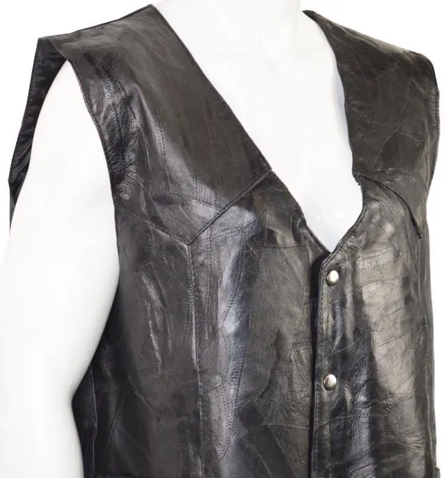 Alt view image 3 of 6 - Men's Leather Vest Button Up Biker Motorcycle Jacket Sleeveless Leather Top, PW802, Black, 2XL