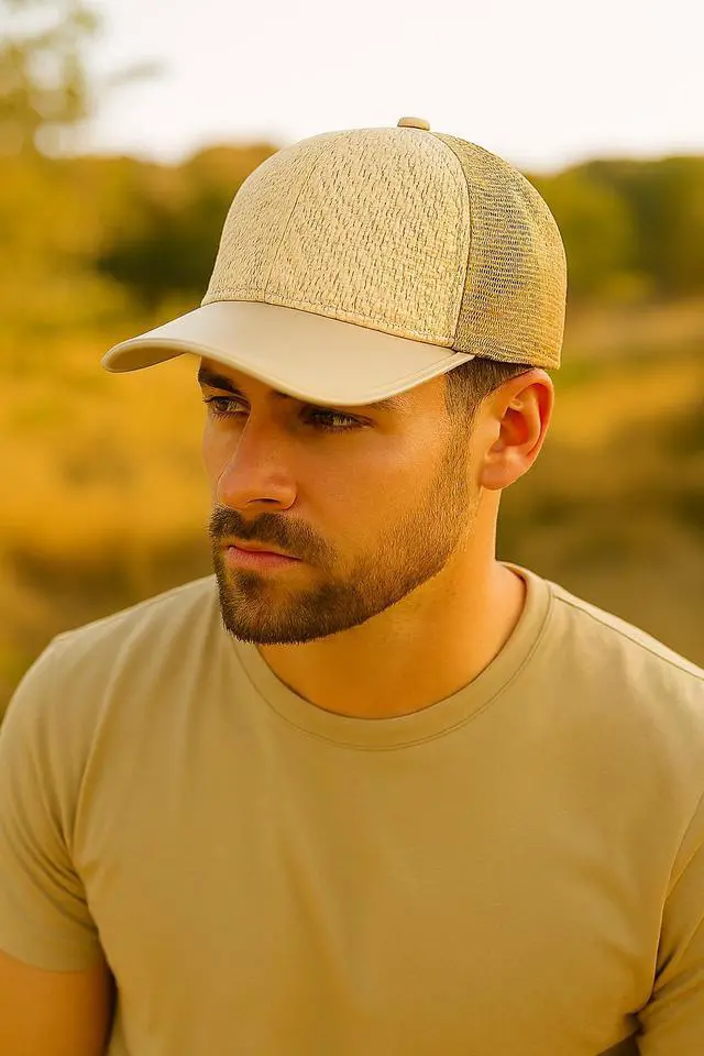 Alt view image 2 of 2 - Straw Mesh Trucker Hat Adjustable Summer Baseball Cap for Men Lightweight Khaki