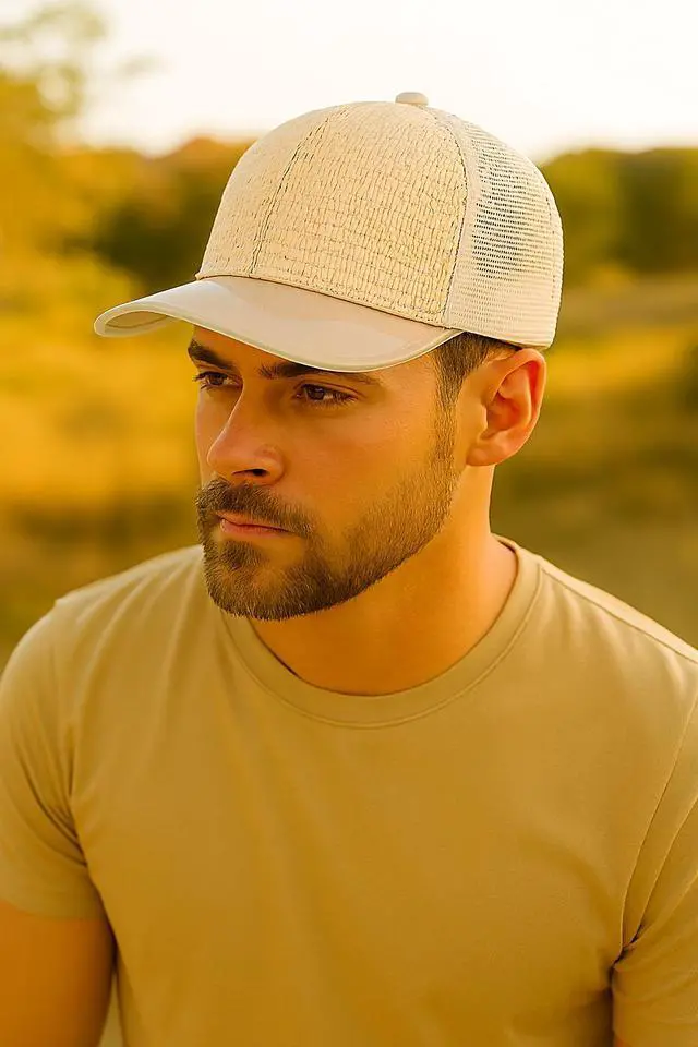 Alt view image 2 of 2 - Straw Mesh Trucker Hat Adjustable Summer Baseball Cap for Men - Lightweight Tan