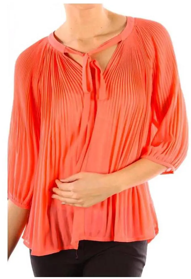 Alt view image 3 of 7 - Chiffon Pleated Summer Time Womens Fashion Blouse 3/4 Sleeve Shirt Coral Small