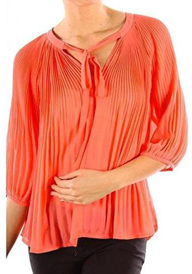 Alt view image 5 of 7 - Chiffon Pleated Summer Time Womens Fashion Blouse 3/4 Sleeve Shirt Coral Small