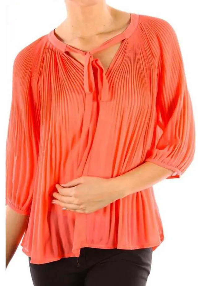 Alt view image 6 of 7 - Chiffon Pleated Summer Time Womens Fashion Blouse 3/4 Sleeve Shirt Coral Small