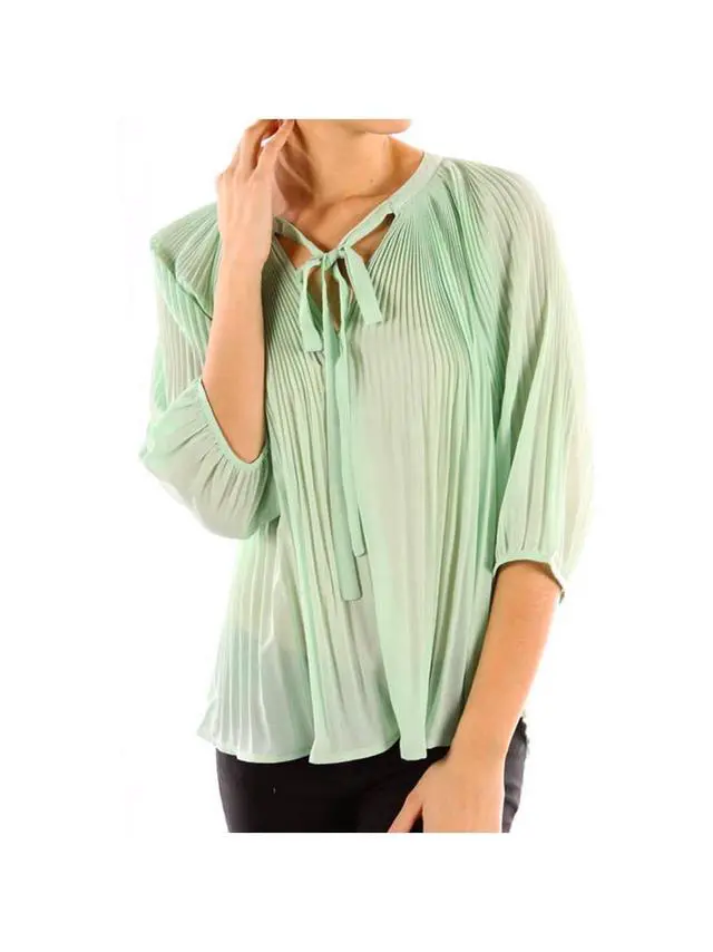 Alt view image 2 of 4 - Chiffon Pleated Summer Time Womens Fashion Blouse 3/4 Sleeve Shirt Mint Small