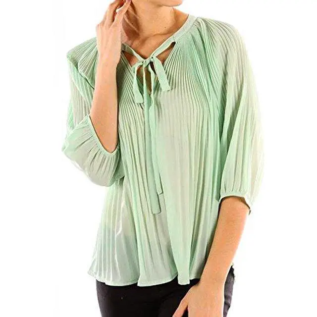 Alt view image 3 of 4 - Chiffon Pleated Summer Time Womens Fashion Blouse 3/4 Sleeve Shirt Mint Small