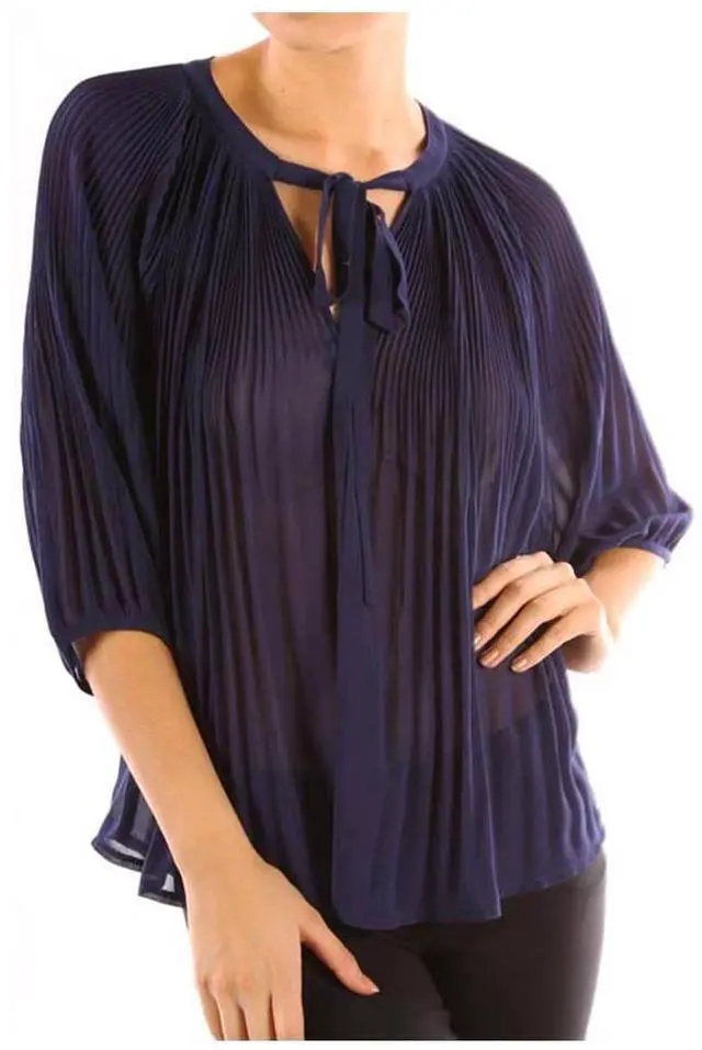 Alt view image 4 of 7 - Chiffon Pleated Summer Time Womens Fashion Blouse 3/4 Sleeve Shirt Navy Small