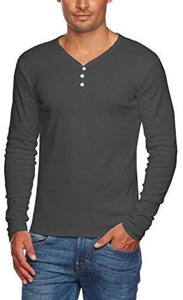Alt view image 3 of 4 - Alta Men's Slim Fit V Neck Long Sleeve 3 Button Up T-Shirt - Grey - Small
