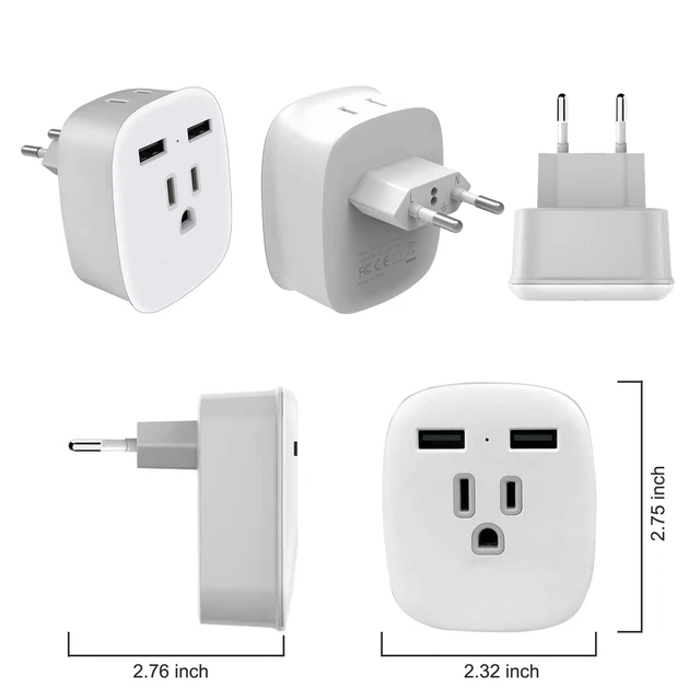 Alt view image 2 of 7 - European Universal Travel LED Dual USB Type-C, 2-US AC Outlet to EU Plug Adapter