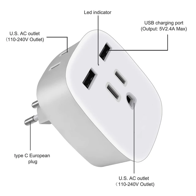 Alt view image 5 of 7 - 2 Pack European Universal Dual USB Type-C, 2-US Outlet to EU Plug Adapter