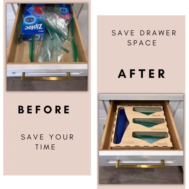 Alt view image 3 of 7 - Ziplock Bag Storage Organizer Dispenser Drawer & Wall Mount Wooden Holder