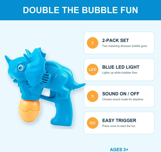 Alt view image 2 of 6 - 2-Pack Dinosaur Bubble Gun Kids LED Light Sound Automatic Blaster w/ 2 Solutions