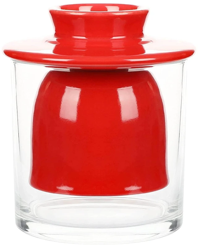 Main image of Ceramic Butter Dish Big Capacity French Glass lid Water Seal Tray Holder- Red