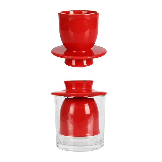 Alt view image 3 of 7 - Ceramic Butter Dish Big Capacity French Glass lid Water Seal Tray Holder- Red