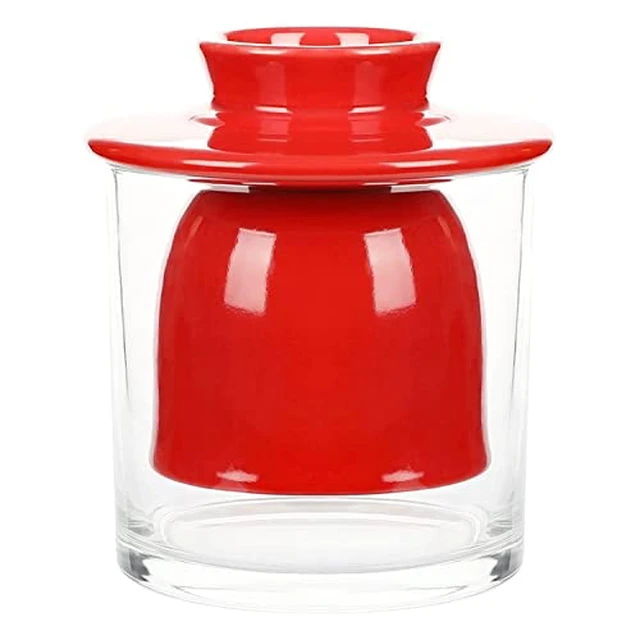 Alt view image 7 of 7 - Ceramic Butter Dish Big Capacity French Glass lid Water Seal Tray Holder- Red