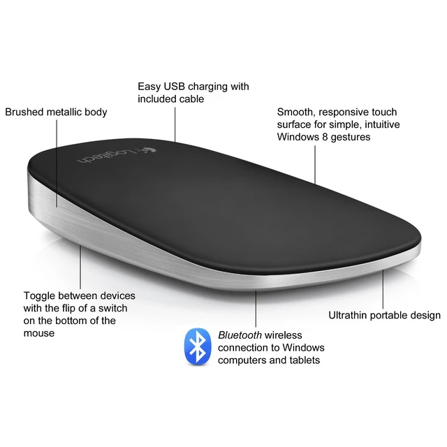 Alt view image 2 of 3 - Logitech Bluetooth Ultrathin Rechargeable 8-Gesture Touch Mouse - Black - T630