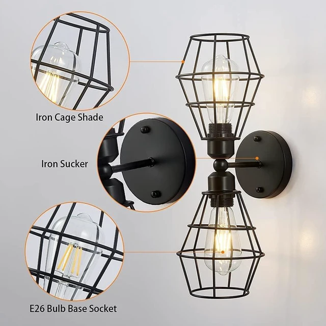 Alt view image 2 of 4 - Metal Industrial Farmhouse Wall Sconce 2-Light Retro Cage Wall Mount Fixture