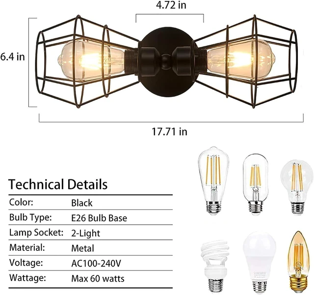Alt view image 3 of 4 - Metal Industrial Farmhouse Wall Sconce 2-Light Retro Cage Wall Mount Fixture